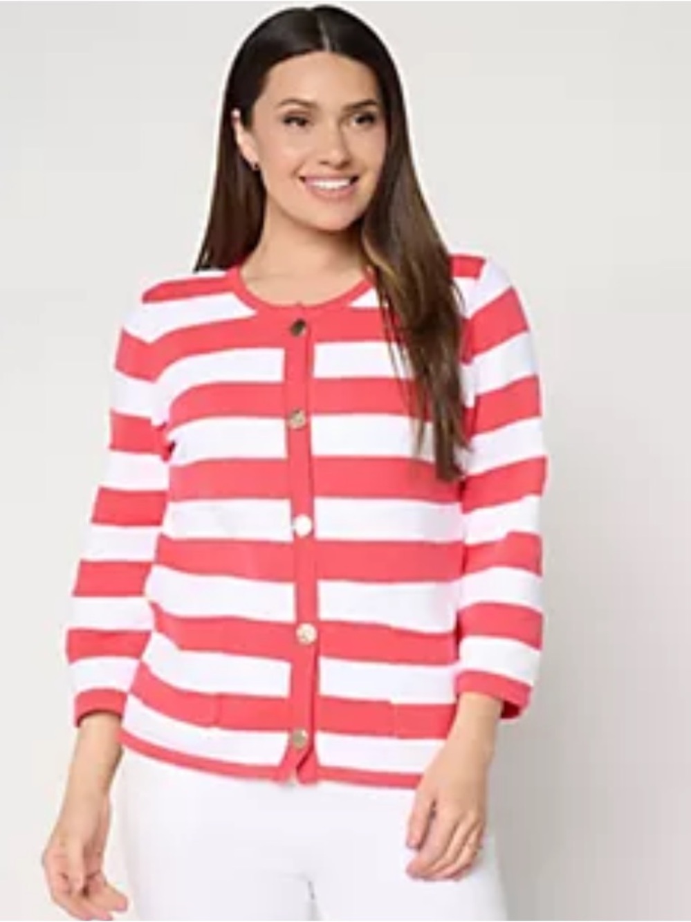 Dennis By Dennis Basso Coral Stripe Button Up Nautical Cardigan Sweater